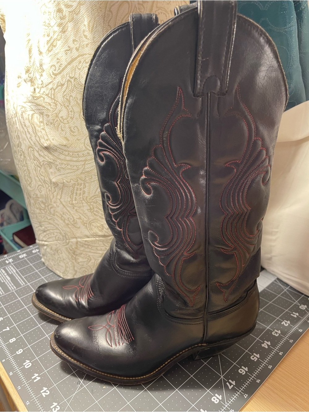 Womens Sheplers Black Leather Cowboy Boots with Red Stitching